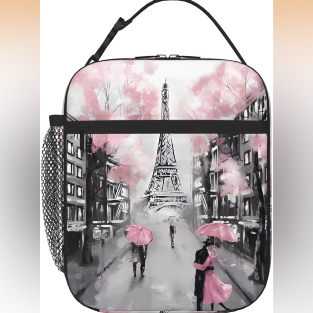 Stylish Pink and Black Eiffel Tower Women Lunch Bag - Picture 5 of 8